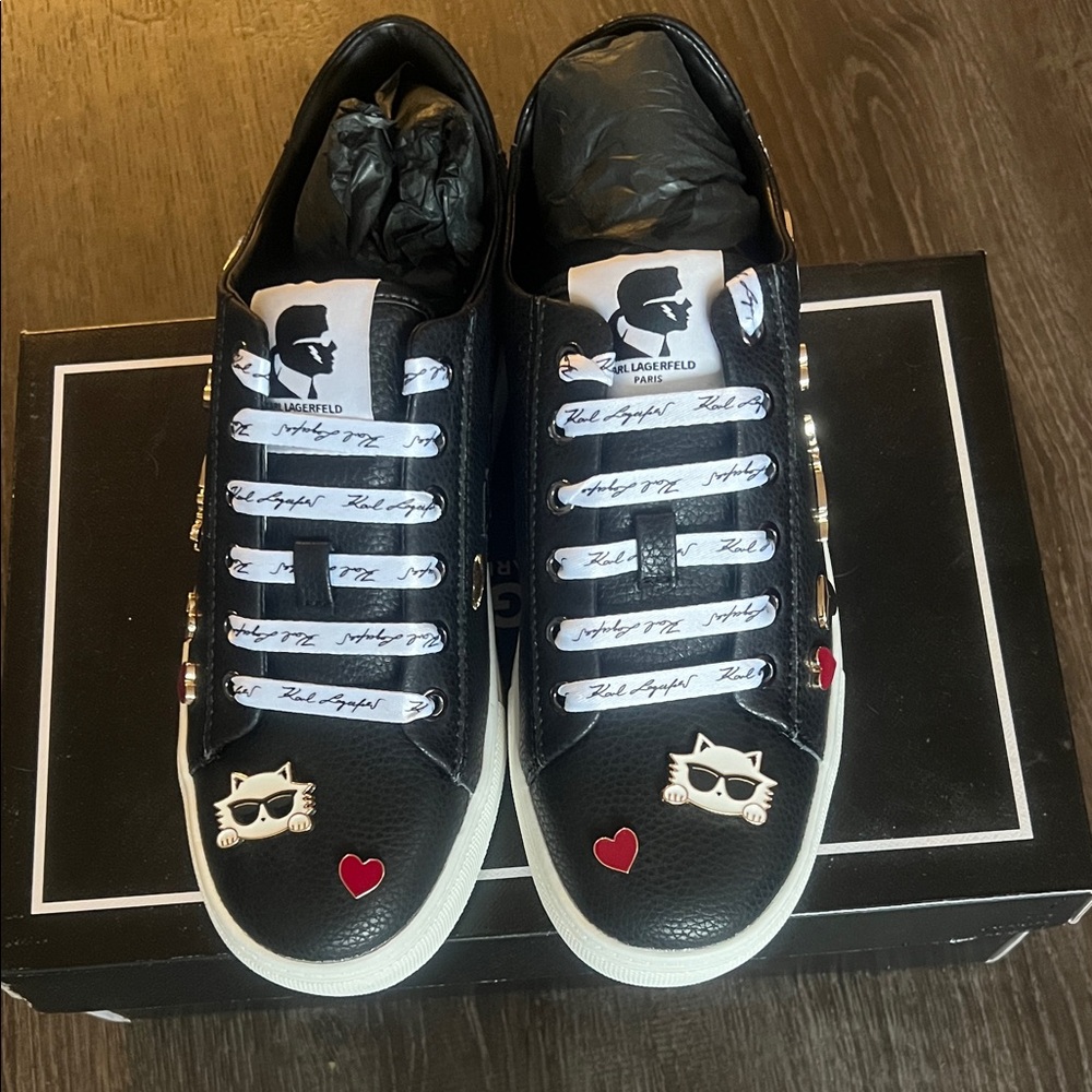 Karl Lagerfeld Black Sneakers with Cat and Heart Accents